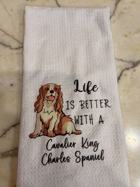 White Cavalier King Charles Spaniel Kitchen Towel - Dog Lover Gift